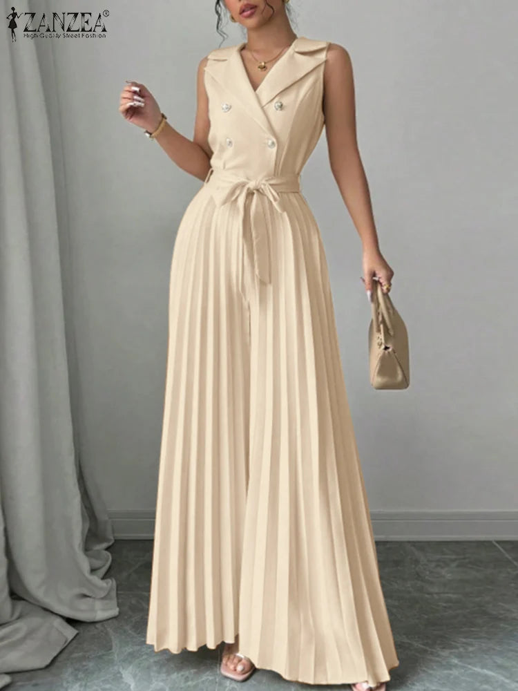 Summer Solid Pleated Wide Leg Jumpsuit