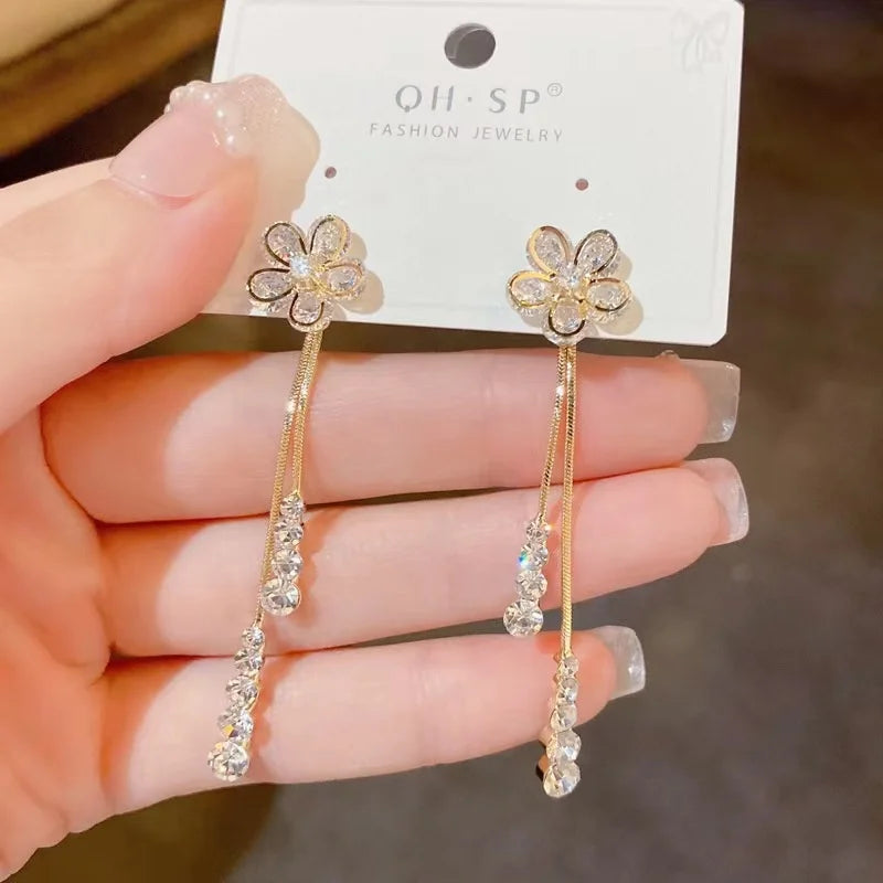 Korean Rhinestone Flower Drop Earrings