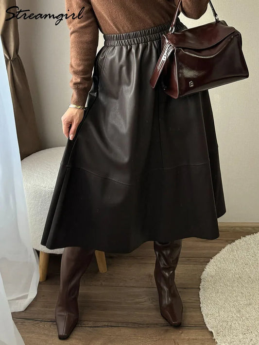 PU Leather Knee-Length Skirt