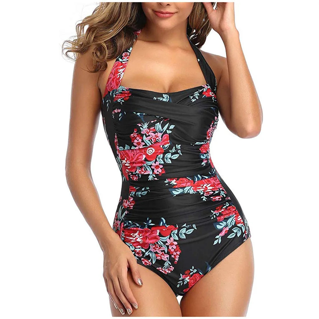 Leaf Print Square Neck One-Piece Swimsuit
