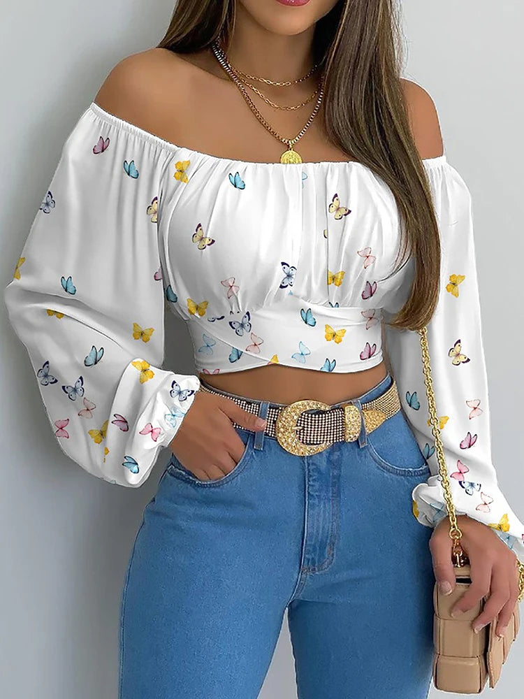 Elegant Long Sleeve Crop Blouse