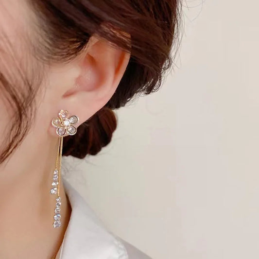 Korean Rhinestone Flower Drop Earrings