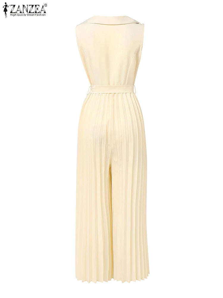 Summer Solid Pleated Wide Leg Jumpsuit