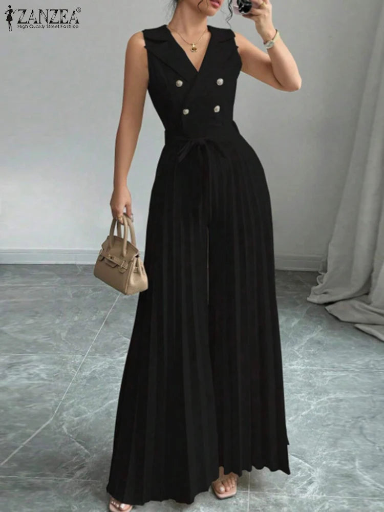 Summer Solid Pleated Wide Leg Jumpsuit