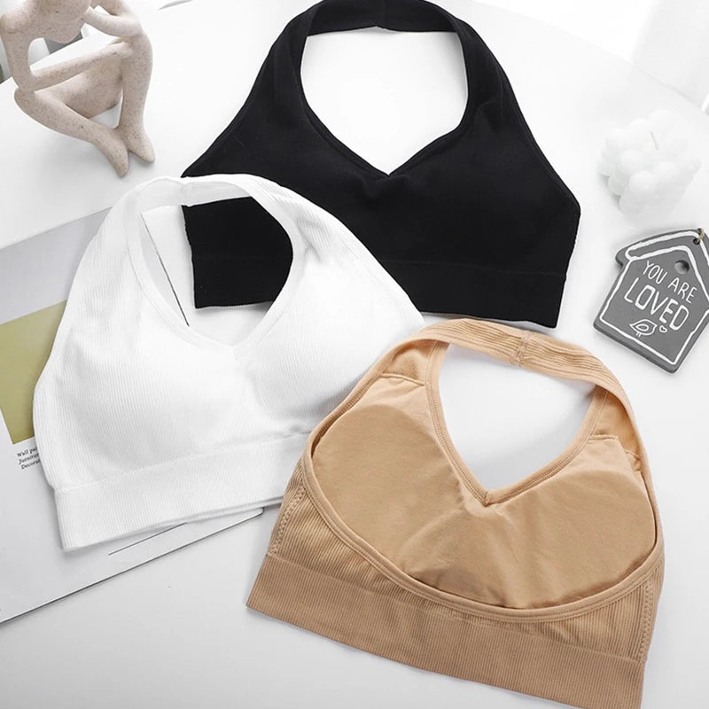 Solid Halter Backless Sport Bra