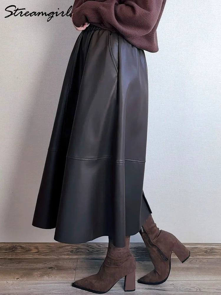PU Leather Knee-Length Skirt