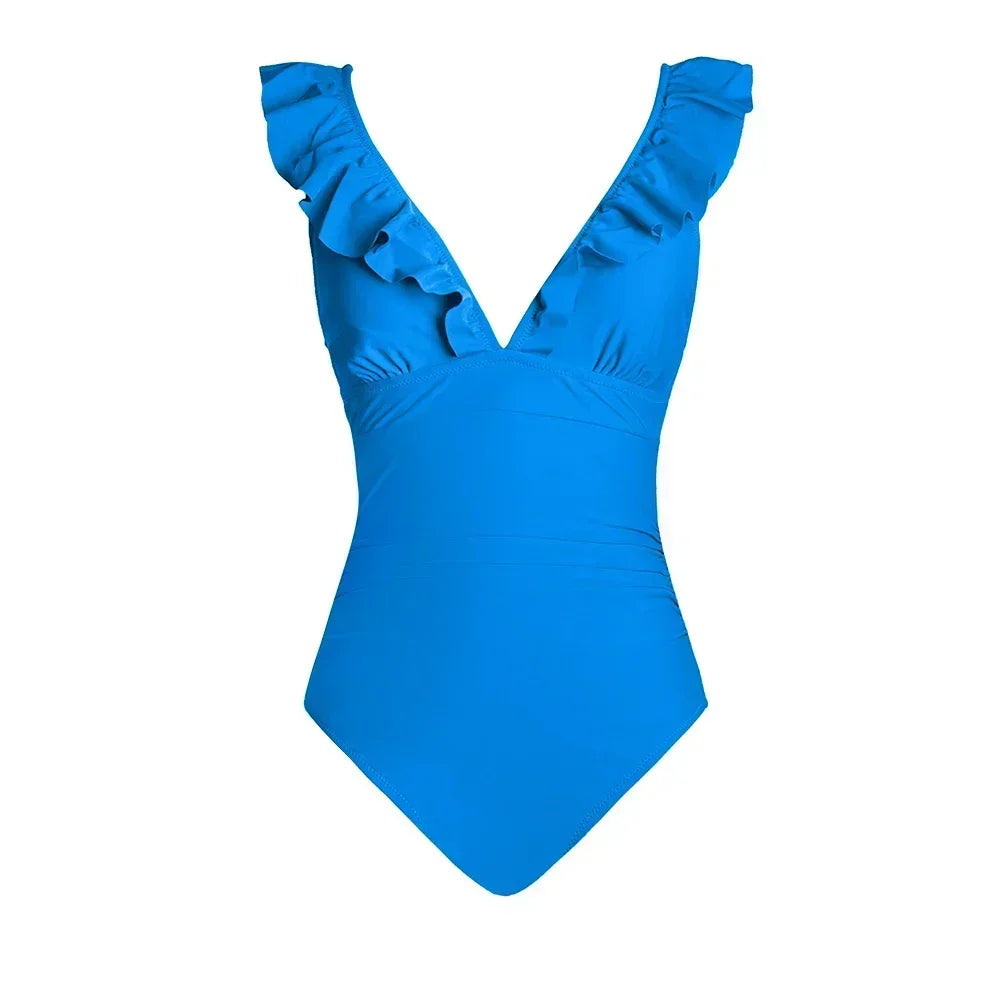 Ruffled V-neck Lace Up Monokini
