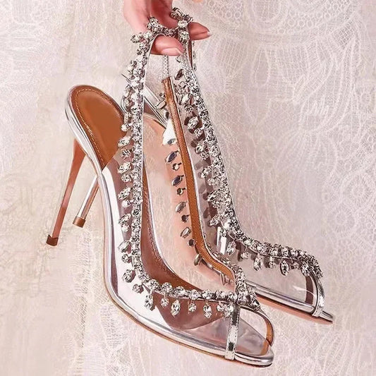 Glam Diamond Pointed Open Toe Heels