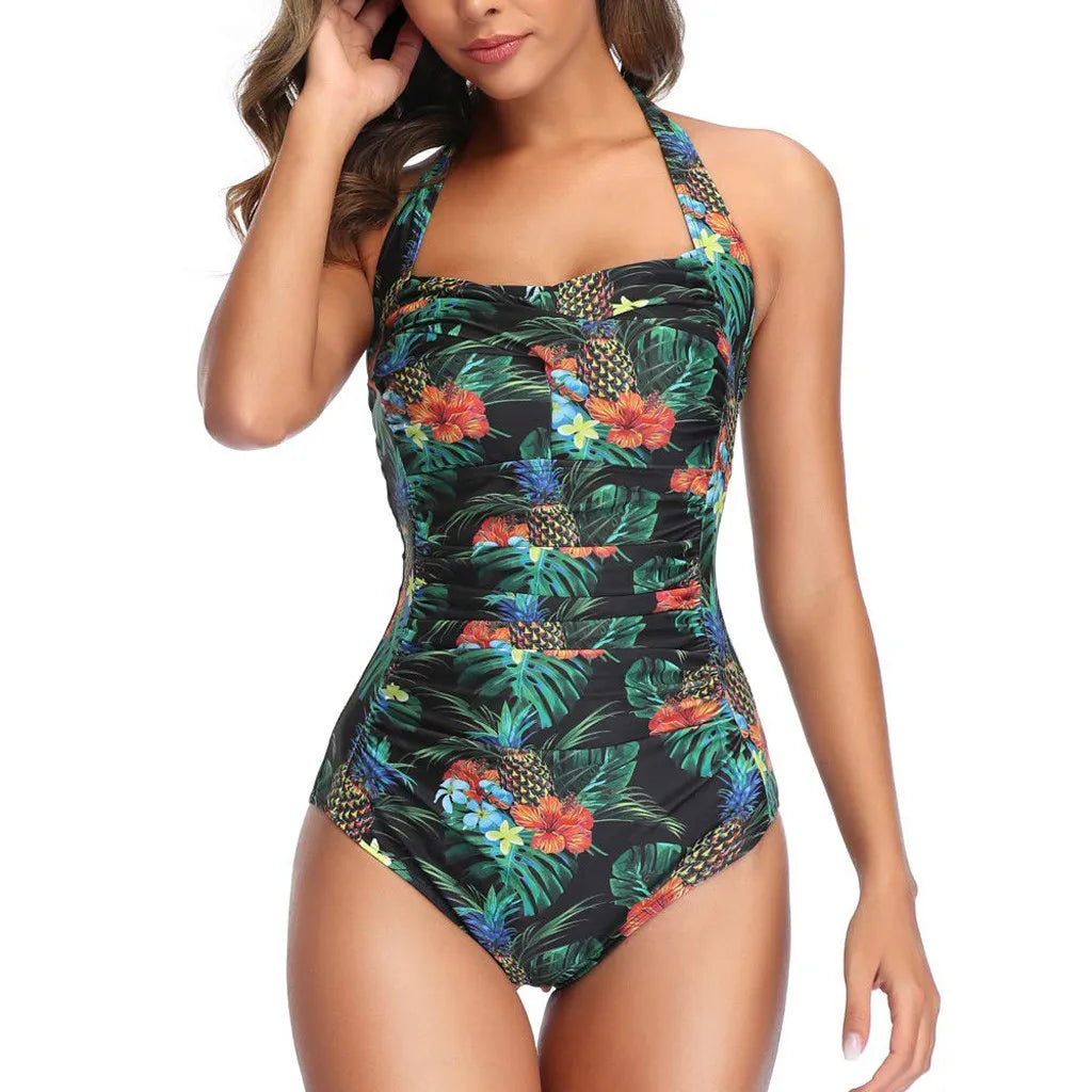 Leaf Print Square Neck One-Piece Swimsuit