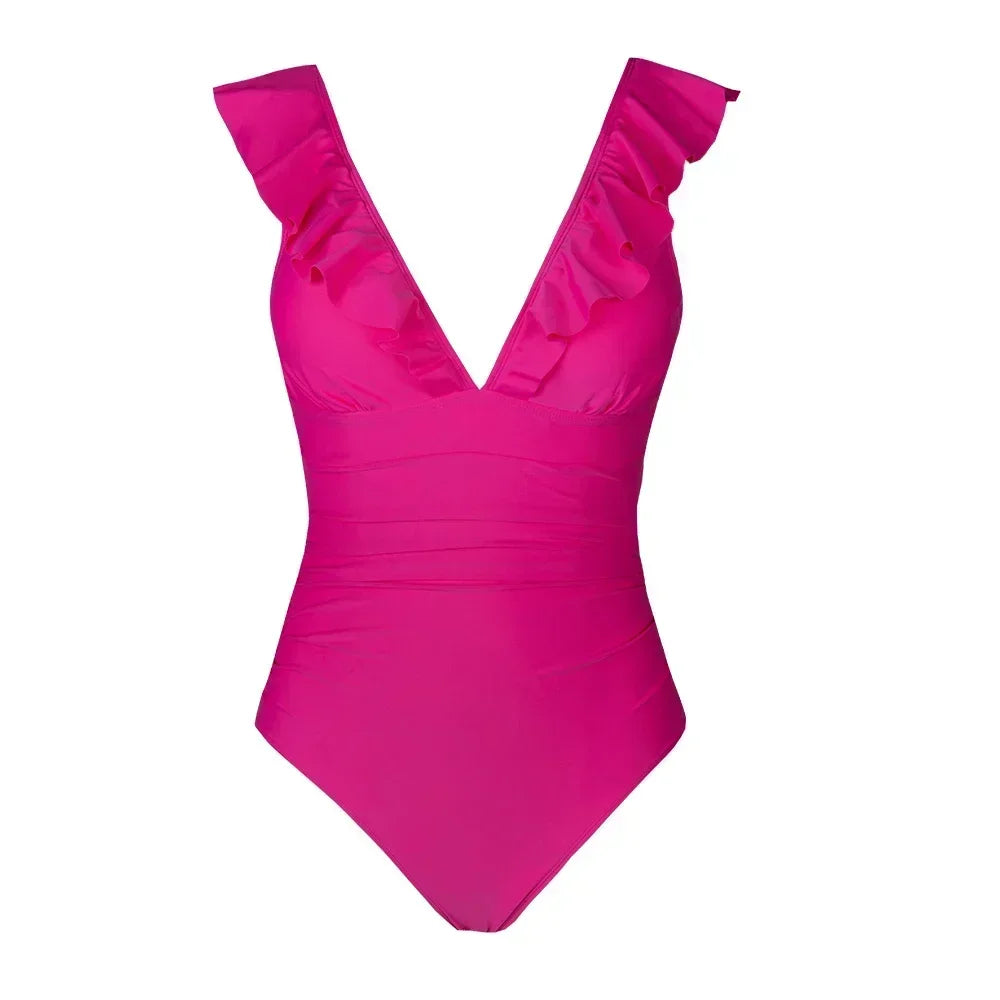 Ruffled V-neck Lace Up Monokini