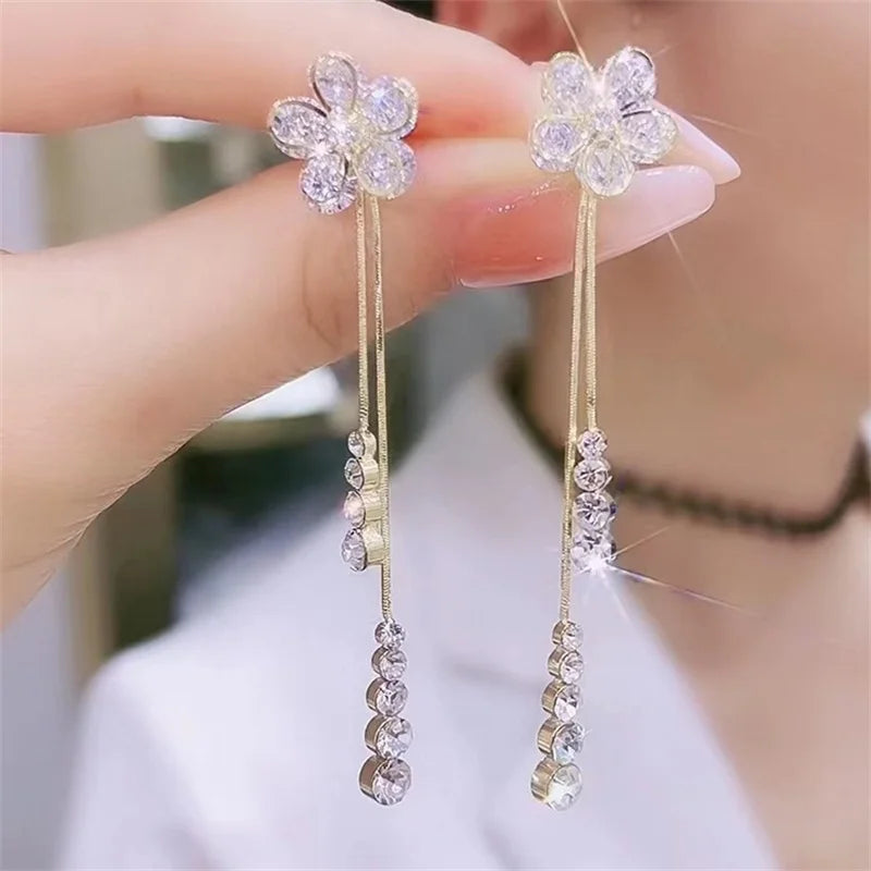 Korean Rhinestone Flower Drop Earrings