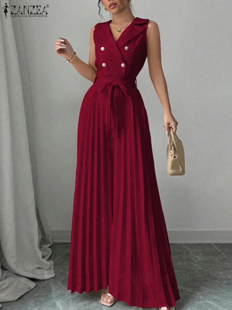 Summer Solid Pleated Wide Leg Jumpsuit