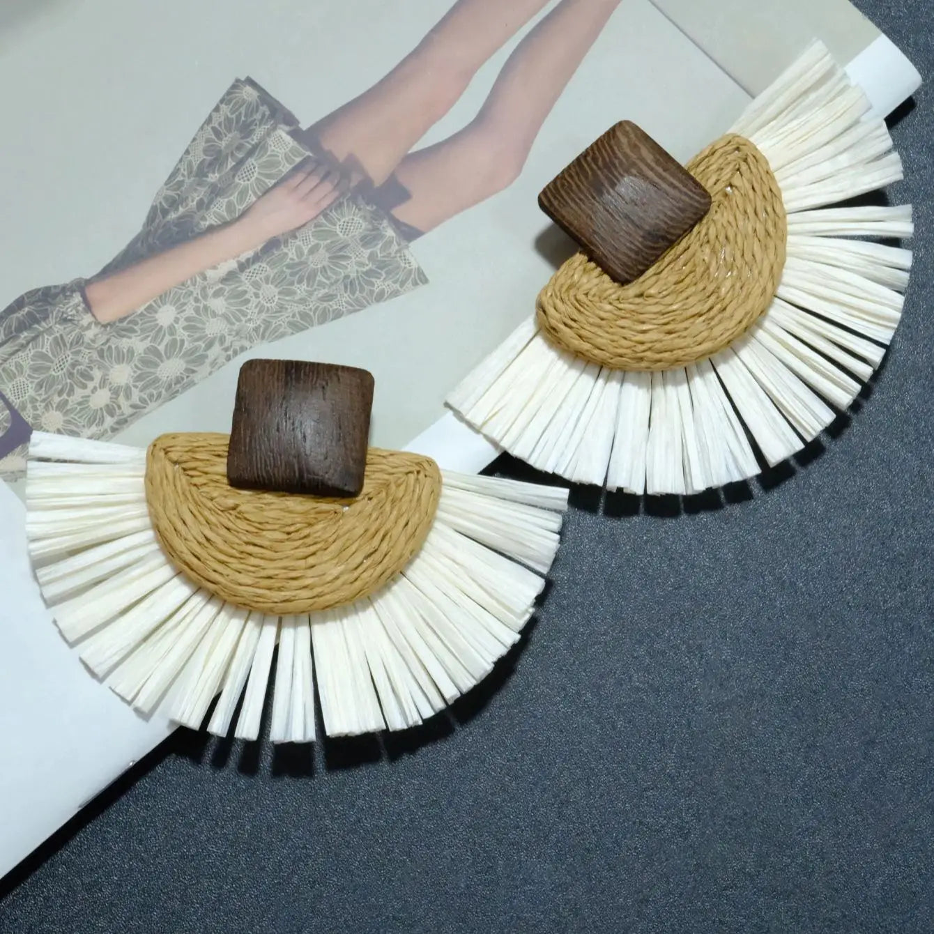 Rattan Raffia Tassel Pendant Earrings