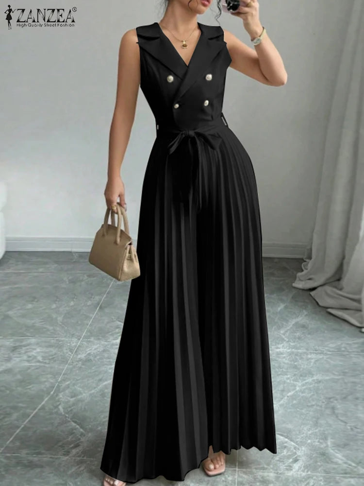 Summer Solid Pleated Wide Leg Jumpsuit