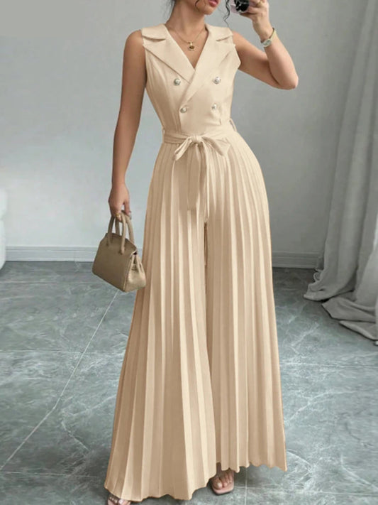 Summer Solid Pleated Wide Leg Jumpsuit