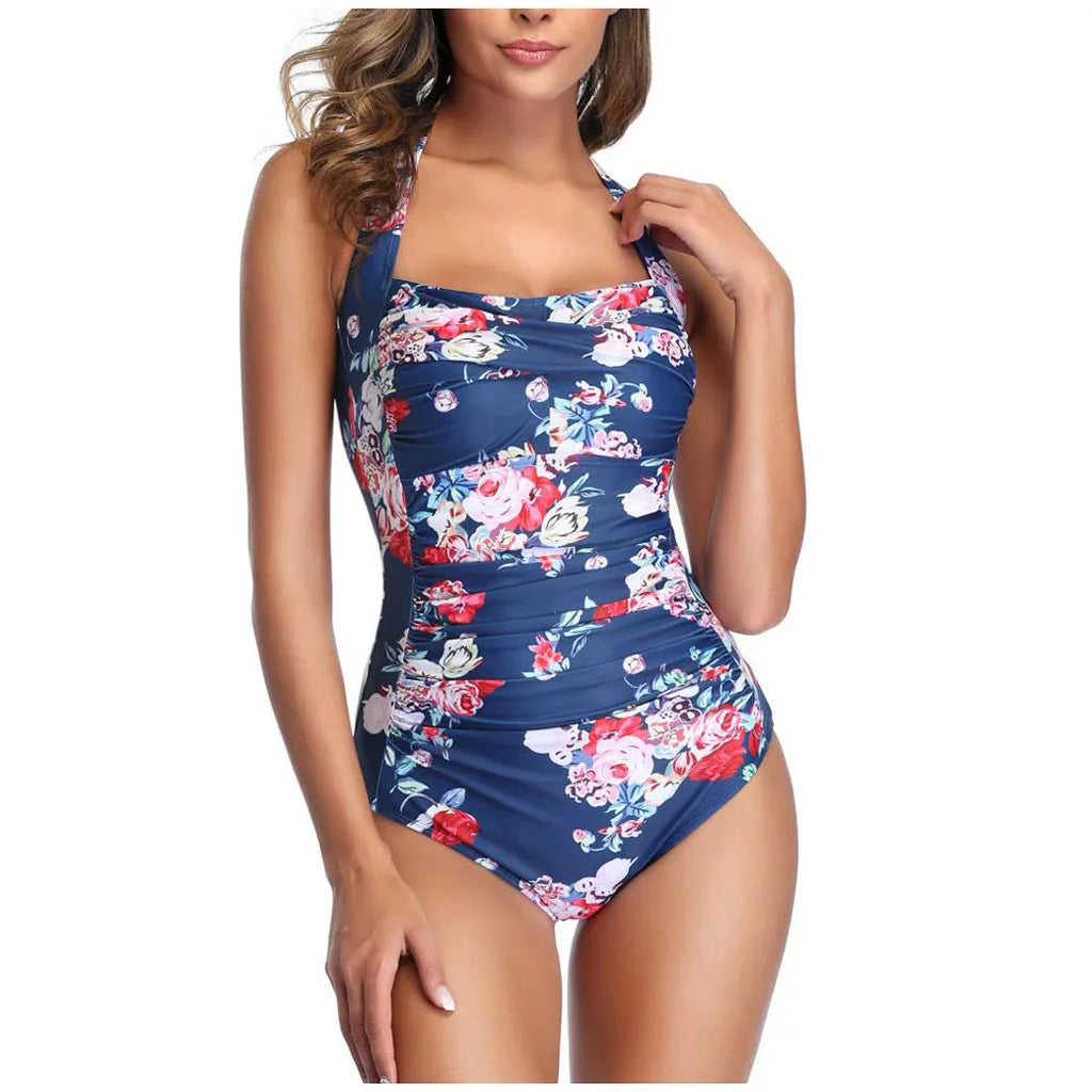 Leaf Print Square Neck One-Piece Swimsuit
