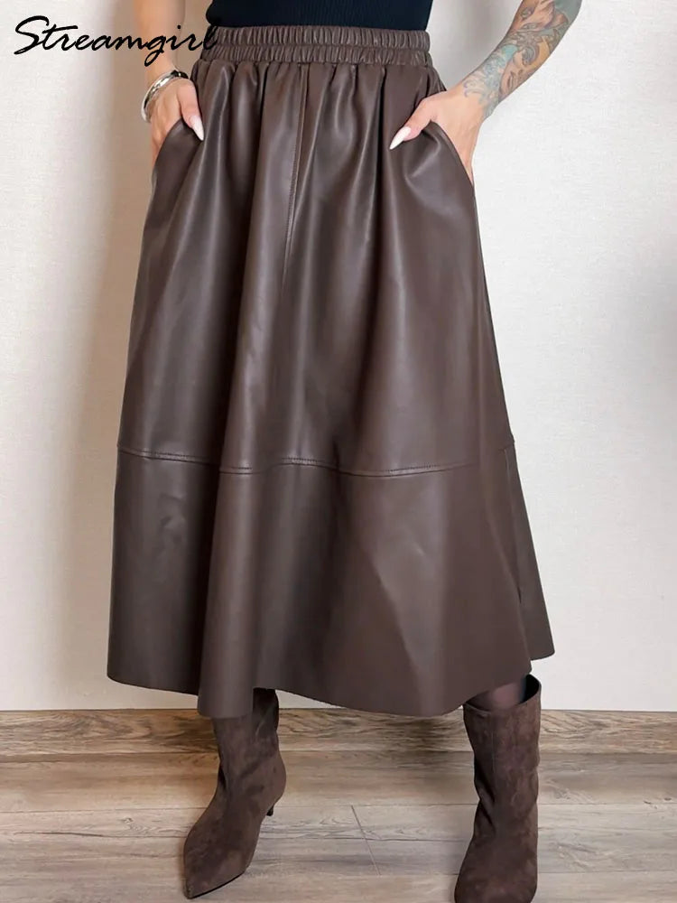 PU Leather Knee-Length Skirt