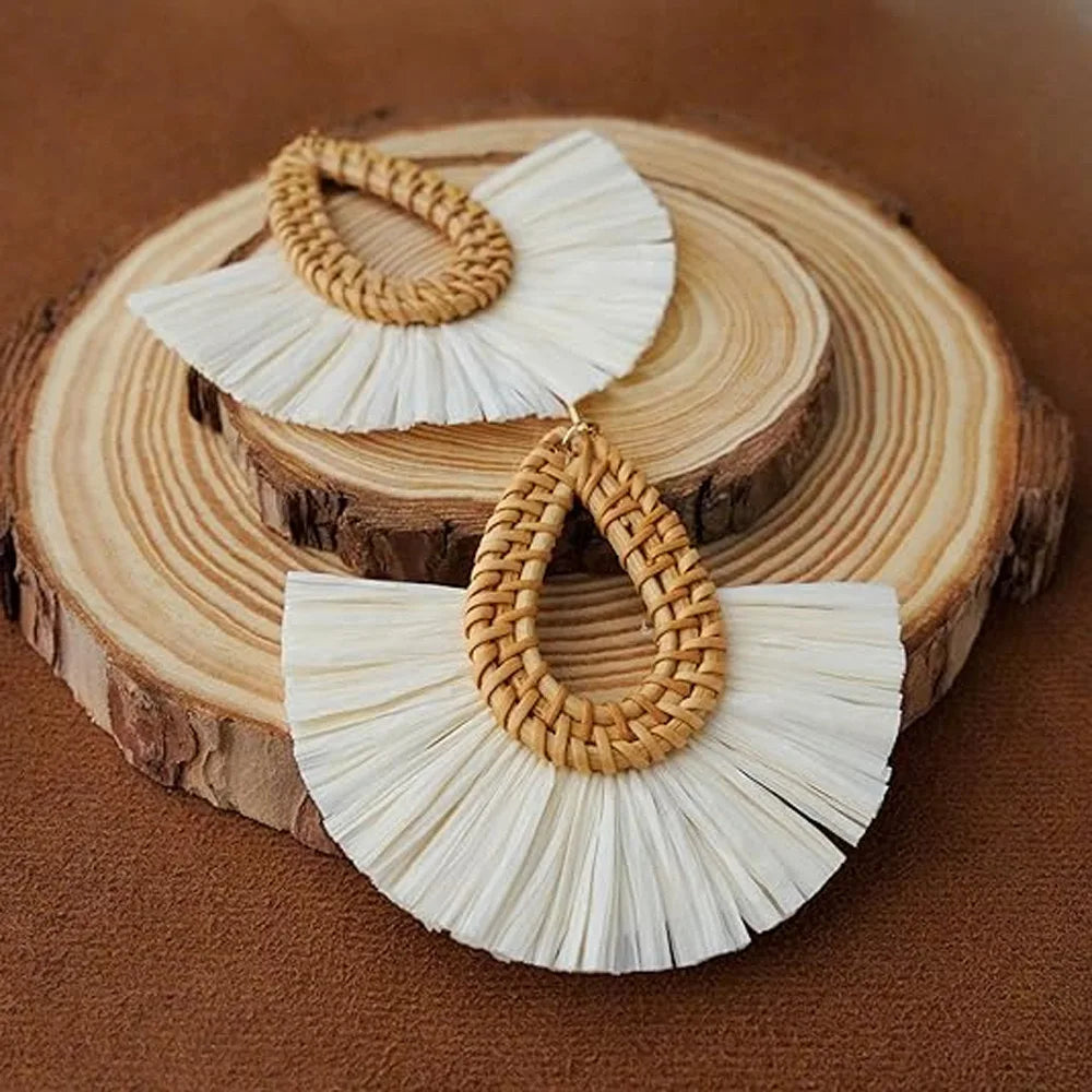 Rattan Raffia Tassel Pendant Earrings