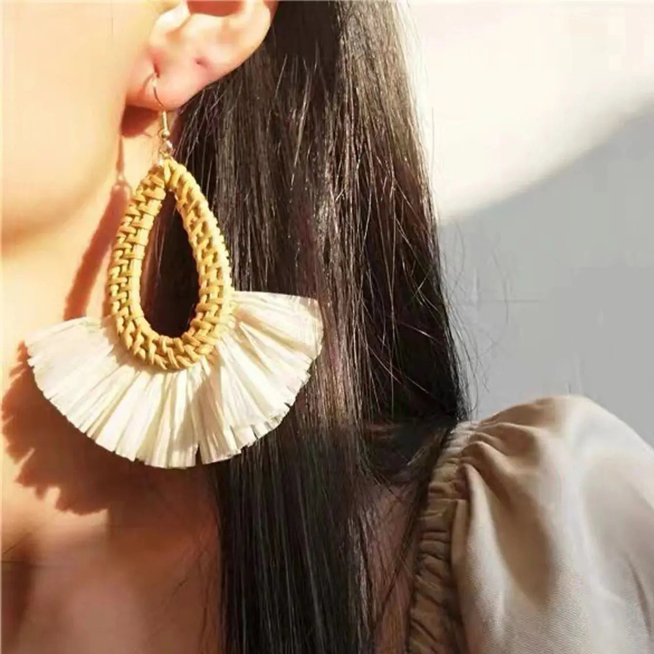 Rattan Raffia Tassel Pendant Earrings