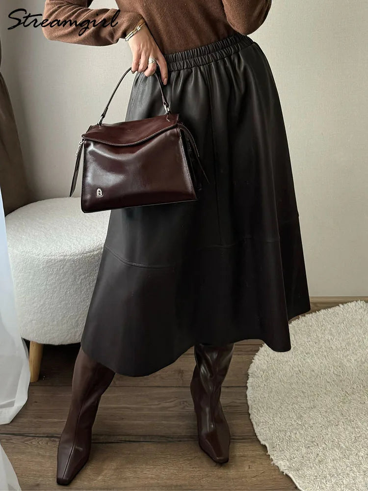 PU Leather Knee-Length Skirt