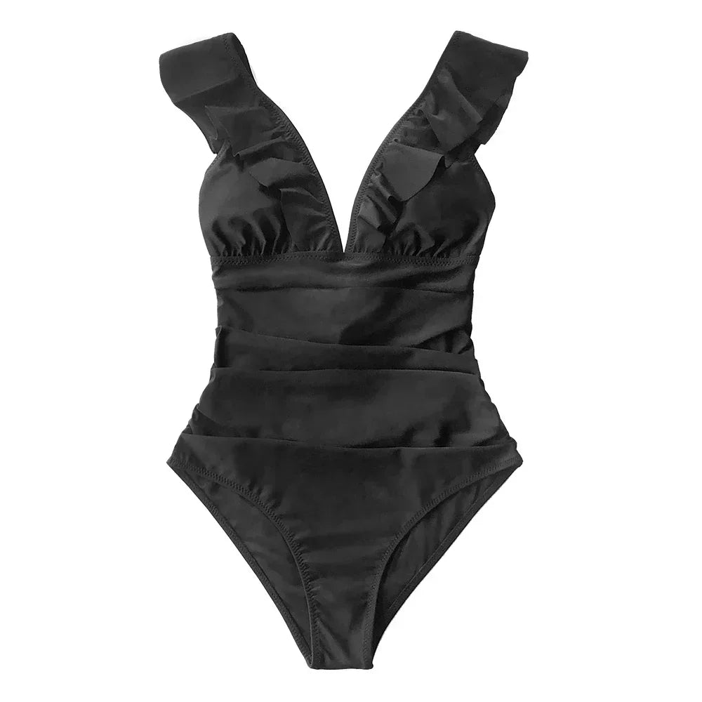 Ruffled V-neck Lace Up Monokini